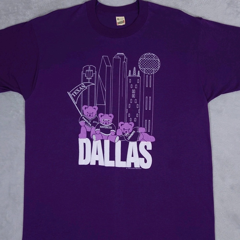 Vtg 90s Dallas TX T-Shirt XL Purple Teddy Bear Louise Berenson Screen Stars